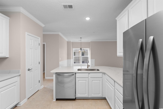 5870 Longwood Dr Unit 201, Murrells Inlet, SC 29576 - kitchen featuring stainless steel appliances, a peninsula, white cabinets, light tile patterned floors, and ornamental molding