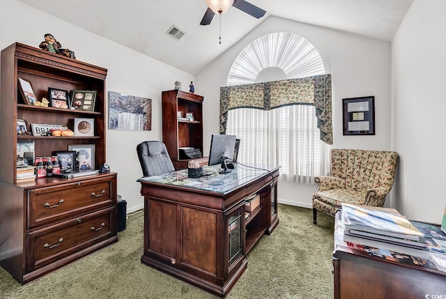 2818 Sanctuary Blvd, Conway, SC 29526 - office area with ceiling fan, carpet floors, vaulted ceiling, and healthy amount of natural light