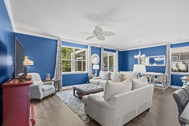 1007 Oak Marsh Ln, North Myrtle Beach, SC 29582 - living area with ceiling fan, crown molding, a chandelier, and wood finished floors