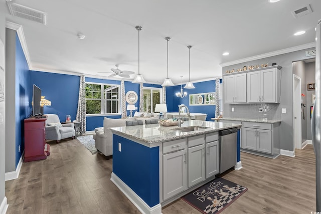 1007 Oak Marsh Ln, North Myrtle Beach, SC 29582 - kitchen featuring stainless steel dishwasher, ornamental molding, wood finished floors, open floor plan, and a ceiling fan