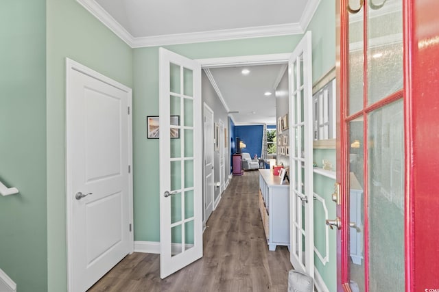 1007 Oak Marsh Ln, North Myrtle Beach, SC 29582 - hallway featuring french doors, crown molding, wood finished floors, and recessed lighting