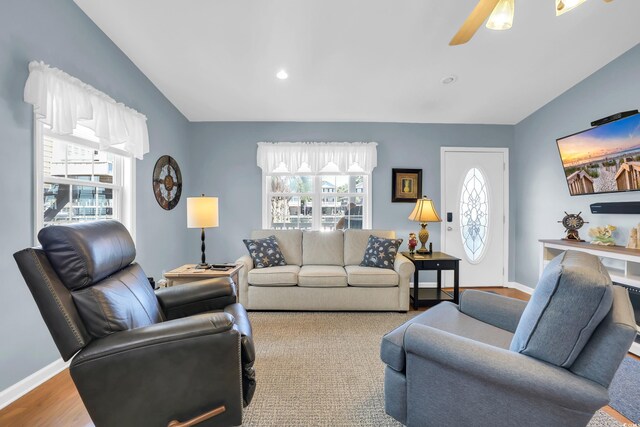 6001-Q21 S Kings Hwy, Myrtle Beach, SC 29575 - living room with healthy amount of natural light, vaulted ceiling, a ceiling fan, wood finished floors, and recessed lighting