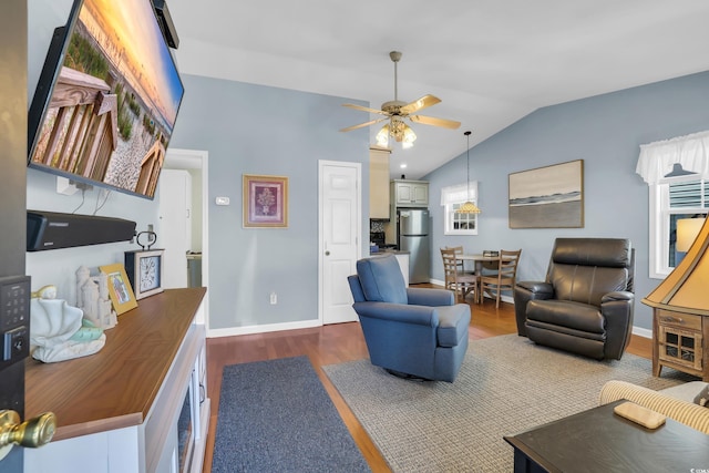 6001-Q21 S Kings Hwy, Myrtle Beach, SC 29575 - living room with dark wood-style flooring, ceiling fan, and lofted ceiling