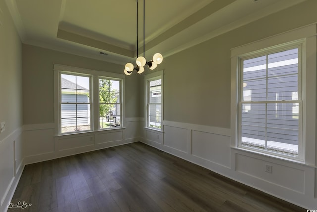 287 W Palms Dr, Myrtle Beach, SC 29579 - unfurnished room featuring a raised ceiling, wainscoting, dark wood-type flooring, a chandelier, and ornamental molding