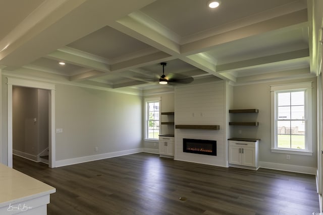 287 W Palms Dr, Myrtle Beach, SC 29579 - unfurnished living room featuring a fireplace, beam ceiling, a ceiling fan, coffered ceiling, and dark wood-style flooring