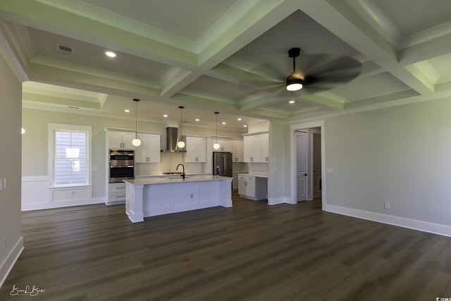 287 W Palms Dr, Myrtle Beach, SC 29579 - unfurnished living room with coffered ceiling, ceiling fan, dark wood-style floors, beamed ceiling, and recessed lighting