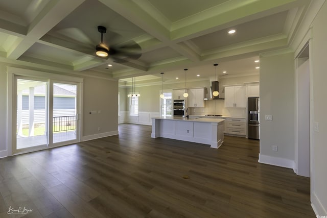 287 W Palms Dr, Myrtle Beach, SC 29579 - kitchen with a ceiling fan, open floor plan, white cabinetry, dark wood finished floors, and beam ceiling
