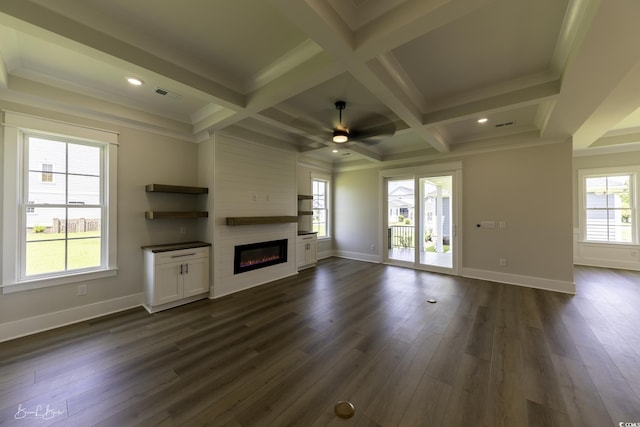 287 W Palms Dr, Myrtle Beach, SC 29579 - unfurnished living room featuring a fireplace, dark wood-style floors, coffered ceiling, ceiling fan, and beamed ceiling