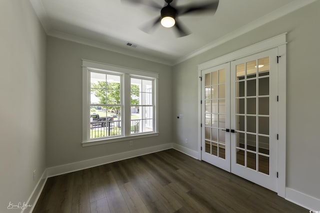 287 W Palms Dr, Myrtle Beach, SC 29579 - spare room featuring french doors, crown molding, dark wood-style floors, and a ceiling fan