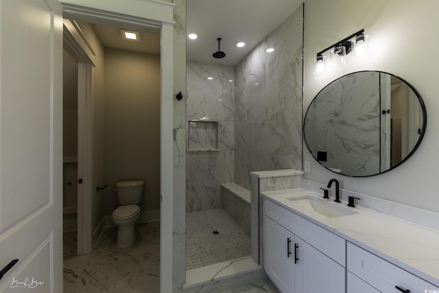 287 W Palms Dr, Myrtle Beach, SC 29579 - bathroom featuring marble finish flooring, a marble finish shower, vanity, and recessed lighting