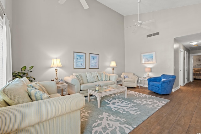 800 9th Ave S Unit N-1, North Myrtle Beach, SC 29582 - living room with ceiling fan, high vaulted ceiling, and hardwood / wood-style floors