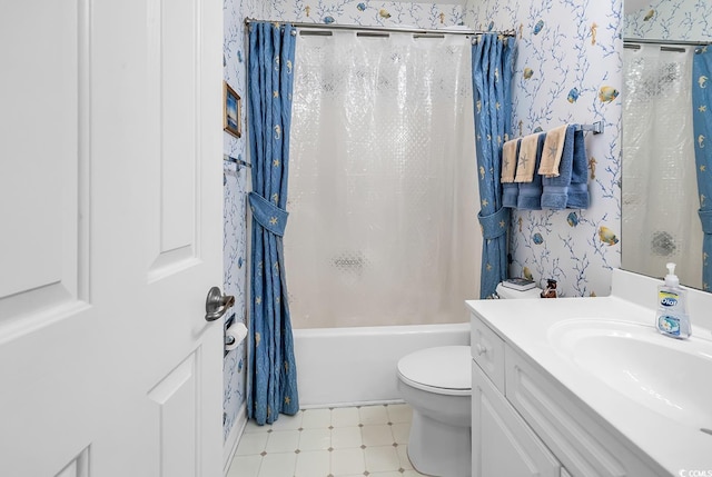 4400 Turtle Ln Unit 2-D, Little River, SC 29566 - bathroom featuring wallpapered walls, vanity, shower / bath combo, and tile patterned floors