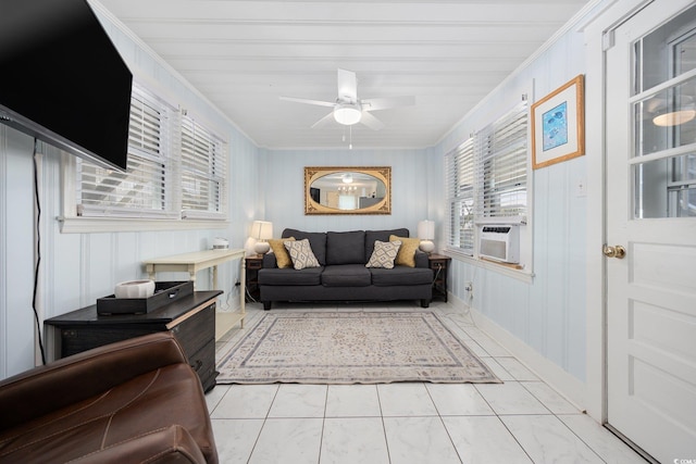 302 46th Ave N, North Myrtle Beach, SC 29582 - living room with cooling unit, a ceiling fan, and crown molding