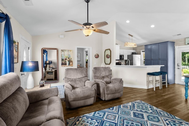 1644 Langley Dr, Longs, SC 29568 - living area featuring dark wood-style floors, vaulted ceiling, ceiling fan, and recessed lighting