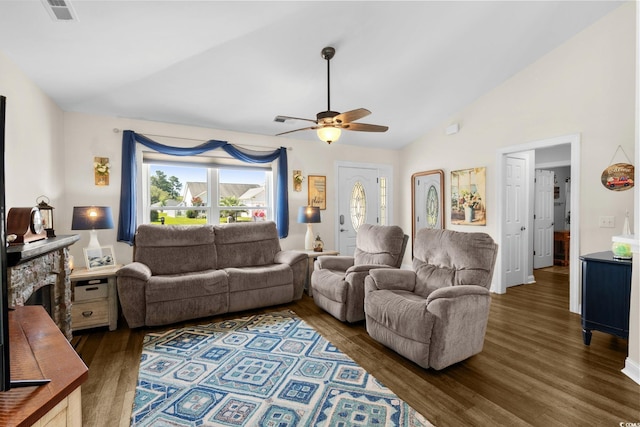 1644 Langley Dr, Longs, SC 29568 - living room featuring a ceiling fan, vaulted ceiling, and wood finished floors
