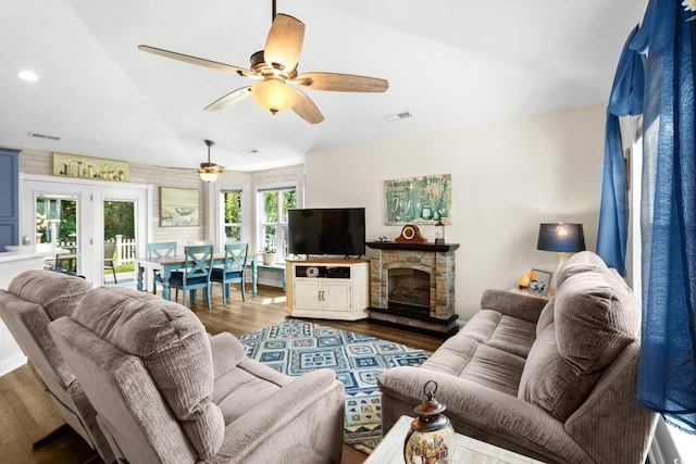 1644 Langley Dr, Longs, SC 29568 - living room with wood finished floors, ceiling fan, a fireplace, and recessed lighting