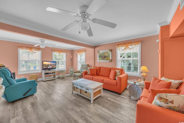 329 54th Ave N, North Myrtle Beach, SC 29582 - living room featuring ornamental molding, light wood-style floors, and ceiling fan
