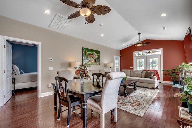1733 24th Ave N, North Myrtle Beach, SC 29582 - dining area with a ceiling fan, lofted ceiling, and dark wood-type flooring