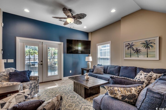 1733 24th Ave N, North Myrtle Beach, SC 29582 - living area with lofted ceiling, plenty of natural light, ceiling fan, recessed lighting, and french doors