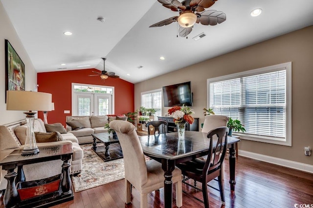 1733 24th Ave N, North Myrtle Beach, SC 29582 - dining area with ceiling fan, lofted ceiling, dark wood-style flooring, and recessed lighting