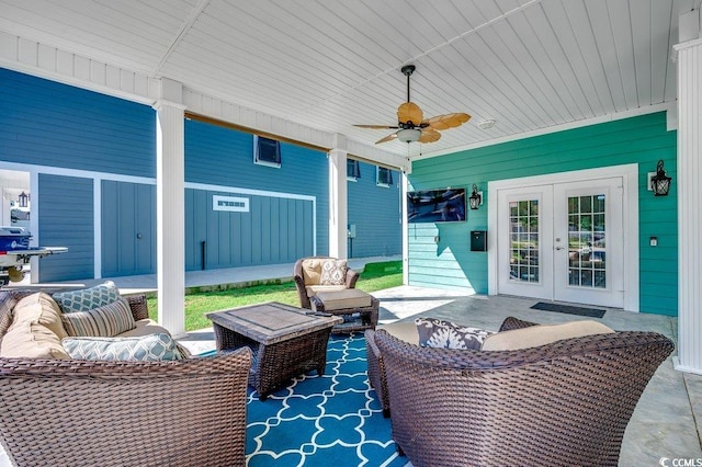 1733 24th Ave N, North Myrtle Beach, SC 29582 - view of patio / terrace with french doors, outdoor lounge area, ceiling fan, and area for grilling