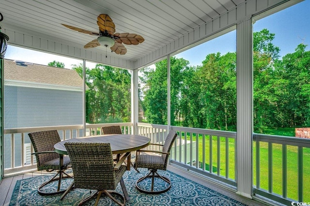 1733 24th Ave N, North Myrtle Beach, SC 29582 - wooden terrace with a ceiling fan, a yard, outdoor dining area, and view of wooded area