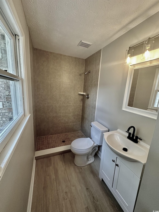 616 Mckinley Way, Conway, SC 29526 - bathroom featuring wood finished floors, vanity, tiled shower, healthy amount of natural light, and a textured ceiling