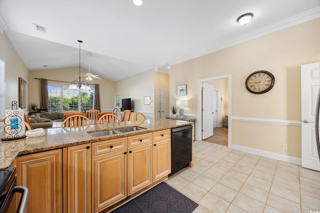 139 Avian Dr Unit 6-201, Pawleys Island, SC 29585 - kitchen with black dishwasher, light tile patterned flooring, light stone countertops, range with electric stovetop, and lofted ceiling