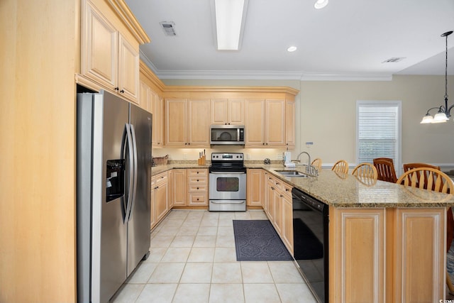 139 Avian Dr Unit 6-201, Pawleys Island, SC 29585 - kitchen with stainless steel appliances, light brown cabinetry, a peninsula, a chandelier, and light tile patterned flooring