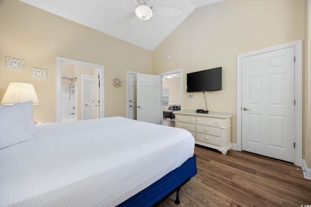 139 Avian Dr Unit 6-201, Pawleys Island, SC 29585 - bedroom with high vaulted ceiling, dark wood-style flooring, ceiling fan, and ensuite bathroom