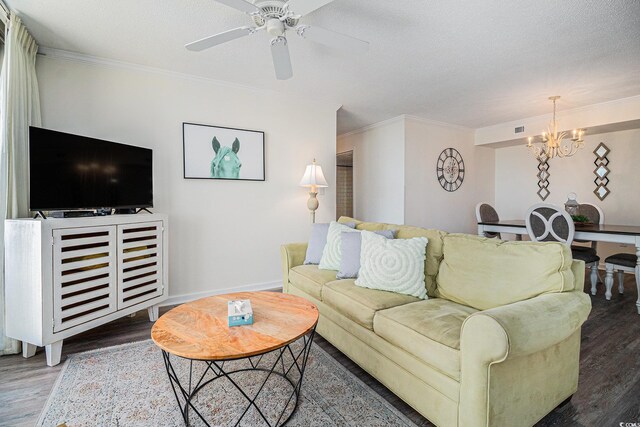 8560 Queensway Blvd Unit 706, Myrtle Beach, SC 29572 - living area with a chandelier, wood finished floors, crown molding, a ceiling fan, and a textured ceiling