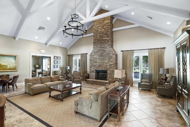 LOT142 Millbank Rd, Georgetown, SC 29440 - living area with high vaulted ceiling, a chandelier, beam ceiling, a stone fireplace, and decorative columns