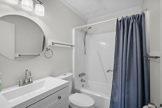 6001 N Ocean Blvd Unit 137, North Myrtle Beach, SC 29582 - bathroom with shower / tub combo with curtain, crown molding, vanity, and a textured ceiling