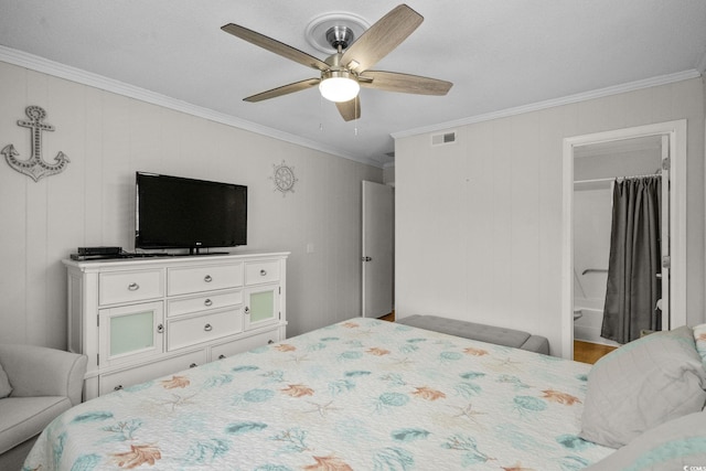 6001 N Ocean Blvd Unit 137, North Myrtle Beach, SC 29582 - bedroom featuring crown molding, a ceiling fan, and ensuite bath