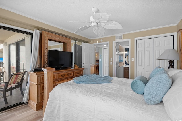 517 S Ocean Blvd Unit 705, North Myrtle Beach, SC 29582 - bedroom with access to outside, light wood-style flooring, ornamental molding, a textured ceiling, and ensuite bathroom