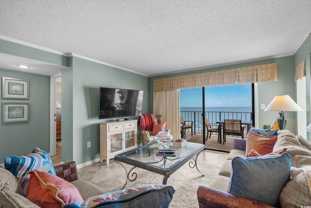 517 S Ocean Blvd Unit 705, North Myrtle Beach, SC 29582 - living room featuring crown molding and a textured ceiling