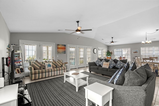 221 N Waccamaw Dr, Murrells Inlet, SC 29576 - living area with a ceiling fan, vaulted ceiling, and a chandelier