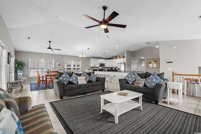 221 N Waccamaw Dr, Murrells Inlet, SC 29576 - living room featuring ceiling fan, lofted ceiling, and light tile patterned floors