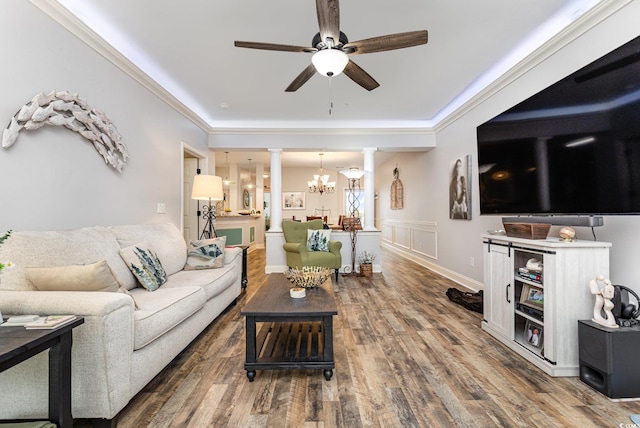 70 Addison Cottage Way Unit 216, Murrells Inlet, SC 29576 - living area with ornate columns, ceiling fan, wood finished floors, crown molding, and a chandelier