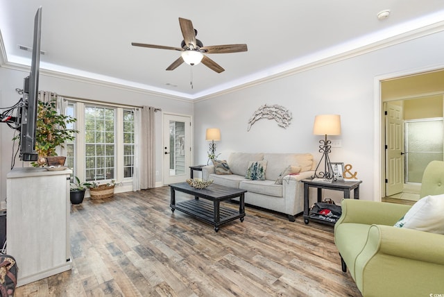 70 Addison Cottage Way Unit 216, Murrells Inlet, SC 29576 - living room featuring a ceiling fan, wood finished floors, and ornamental molding