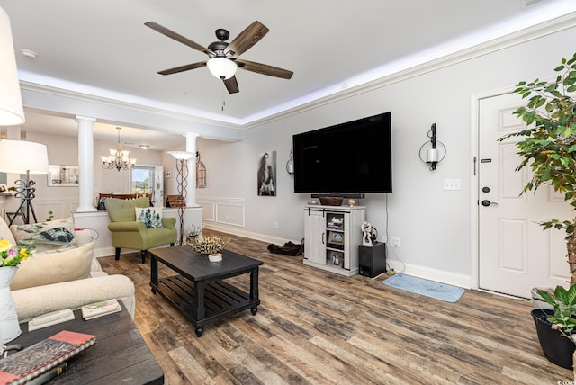 70 Addison Cottage Way Unit 216, Murrells Inlet, SC 29576 - living area featuring decorative columns, ceiling fan, and wood finished floors