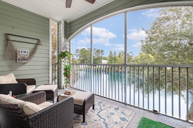 70 Addison Cottage Way Unit 216, Murrells Inlet, SC 29576 - sunroom featuring a ceiling fan and a water view