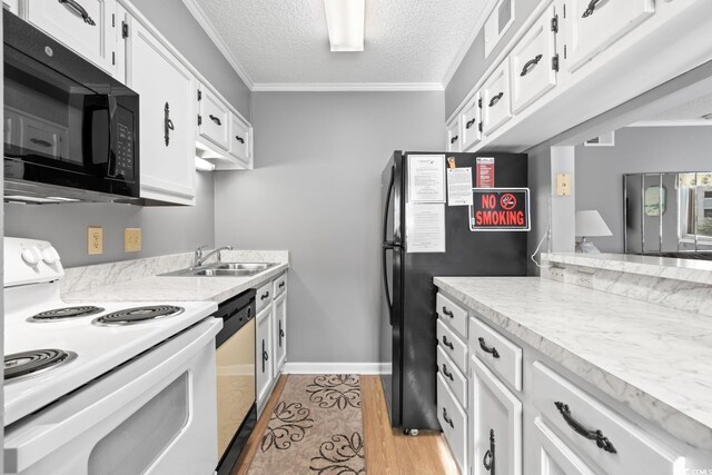 609 Hillside Dr S Unit D-17, North Myrtle Beach, SC 29582 - kitchen featuring white electric range oven, black microwave, freestanding refrigerator, dishwasher, and crown molding