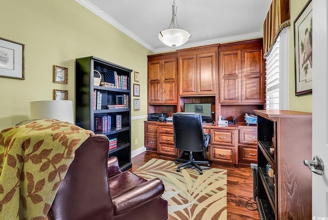 315 14th Ave N, Surfside Beach, SC 29575 - home office featuring built in study area, ornamental molding, and dark wood-type flooring