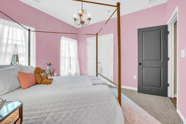 1276 Brighton Hill Ave, Myrtle Beach, SC 29588 - bedroom featuring a chandelier, vaulted ceiling, and carpet floors