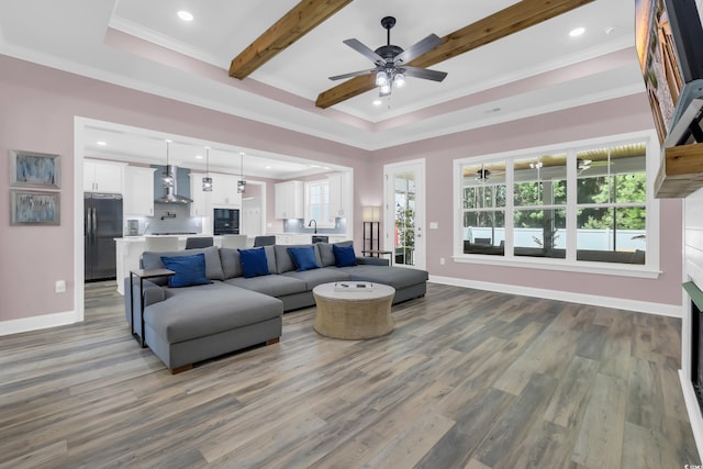 137 Pottery Landing Dr, Conway, SC 29527 - living area featuring wood finished floors, a ceiling fan, ornamental molding, beam ceiling, and recessed lighting