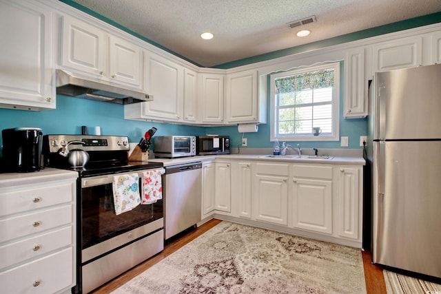 23 Robert Conway Ct, Georgetown, SC 29440 - kitchen with stainless steel appliances, under cabinet range hood, white cabinetry, light countertops, and a textured ceiling