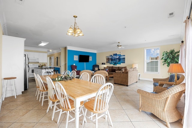 817 S Ocean Blvd Unit 201, North Myrtle Beach, SC 29582 - dining area with crown molding, a ceiling fan, light tile patterned floors, and a chandelier