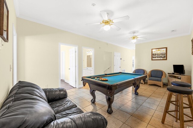 817 S Ocean Blvd Unit 201, North Myrtle Beach, SC 29582 - recreation room with ornamental molding, light tile patterned floors, pool table, and a ceiling fan