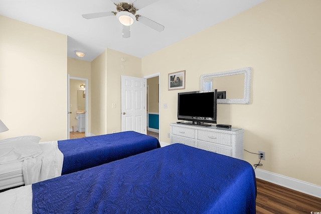 817 S Ocean Blvd Unit 201, North Myrtle Beach, SC 29582 - bedroom with wood finished floors, ensuite bath, and a ceiling fan